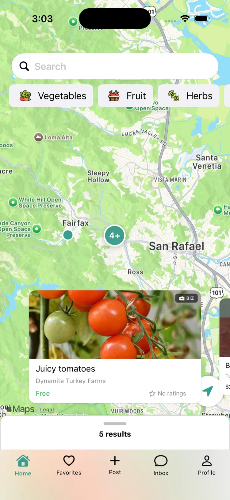 The JustRype map showing nearby listings, a cluster of four, and a listing for cherry tomatoes from Dynamite Turkey Farms