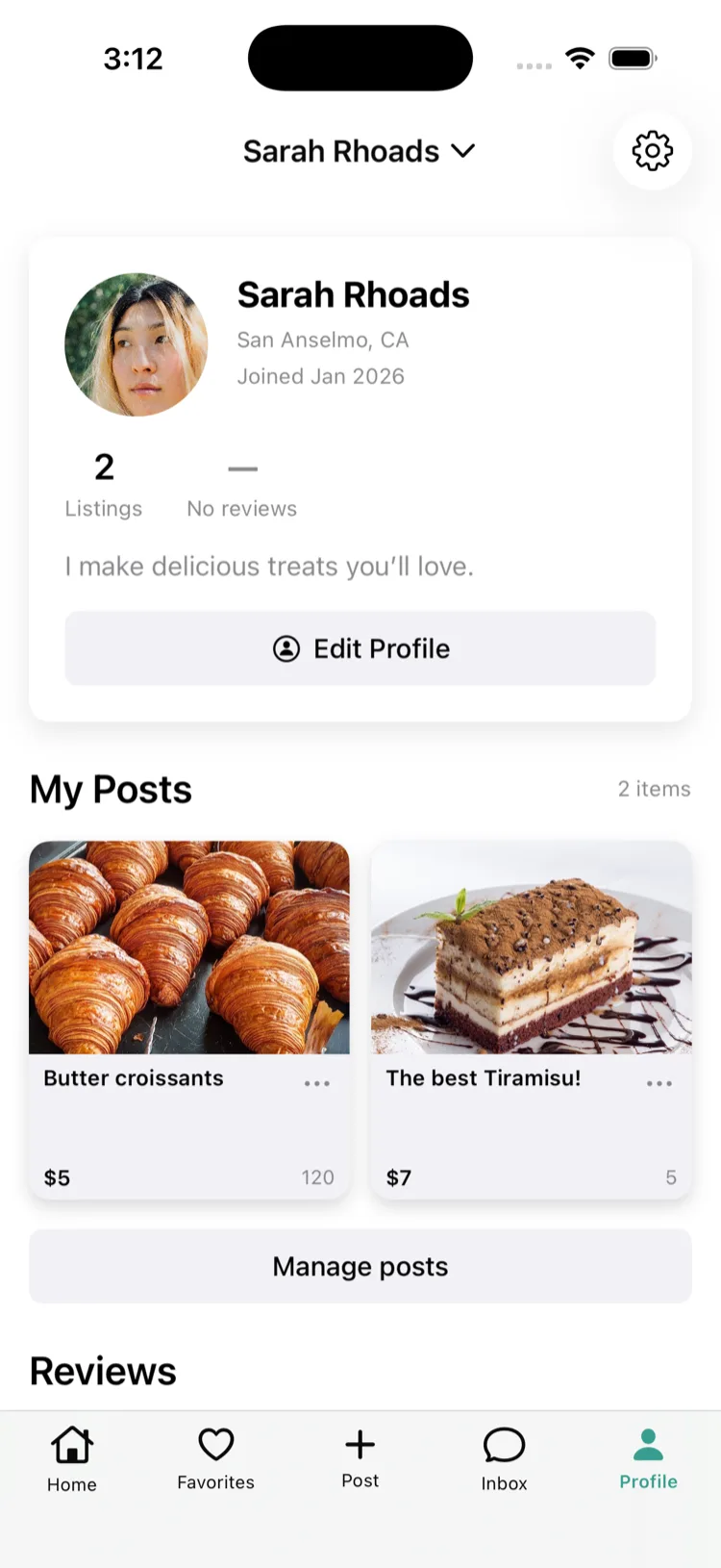 A JustRype seller profile for Sarah Rhoads in San Anselmo, showing two listings — butter croissants and tiramisu — and no reviews yet